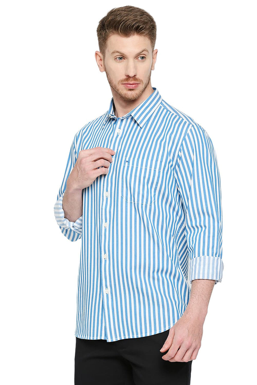 BASICS SLIM FIT HERITAGE BLUE COTTON TWILL STRIPES SHIRT