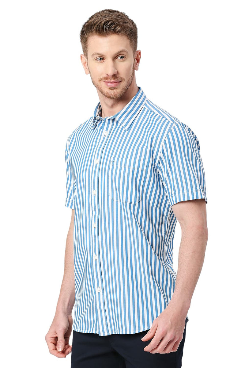 BASICS SLIM FIT COTTON TWILL STRIPES HALFSLEEVES SHIRT