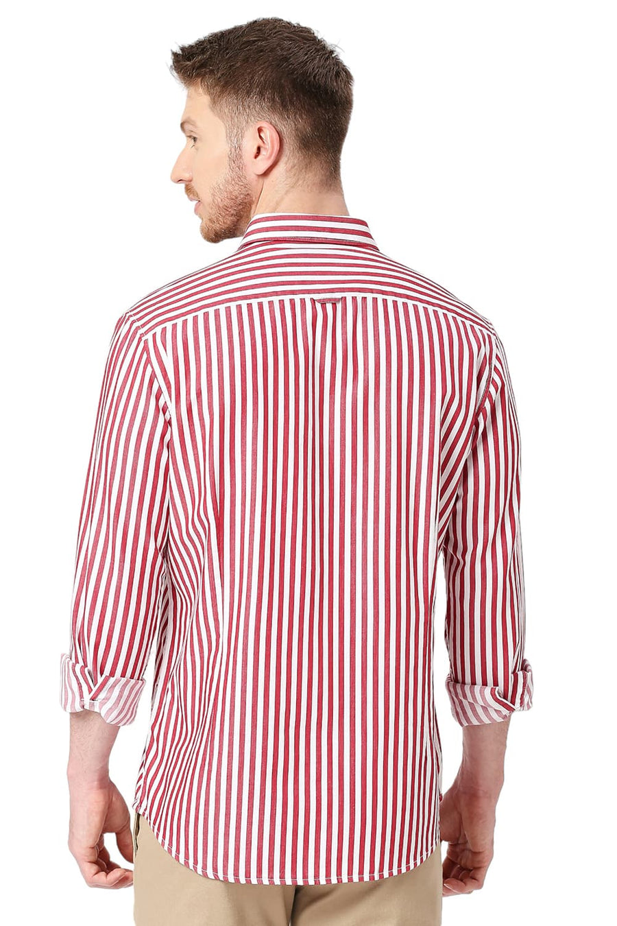 BASICS SLIM FIT MARS RED COTTON TWILL STRIPES SHIRT