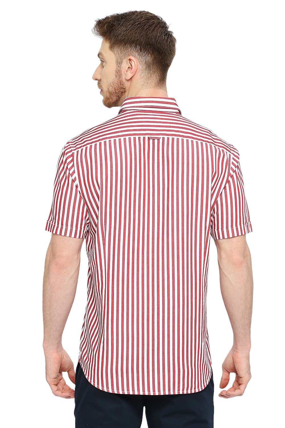 BASICS SLIM FIT COTTON TWILL STRIPES HALFSLEEVES SHIRT