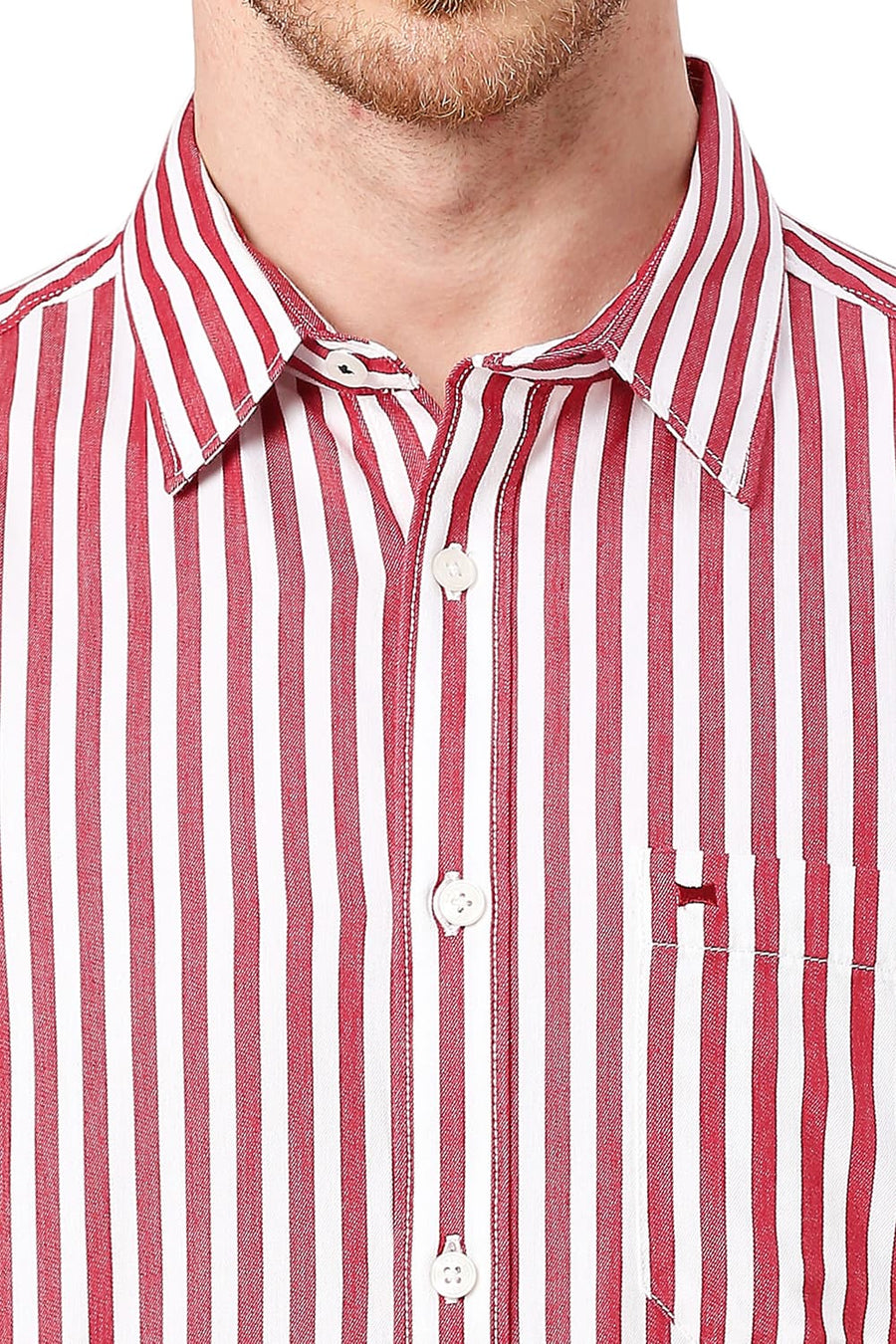 BASICS SLIM FIT MARS RED COTTON TWILL STRIPES SHIRT
