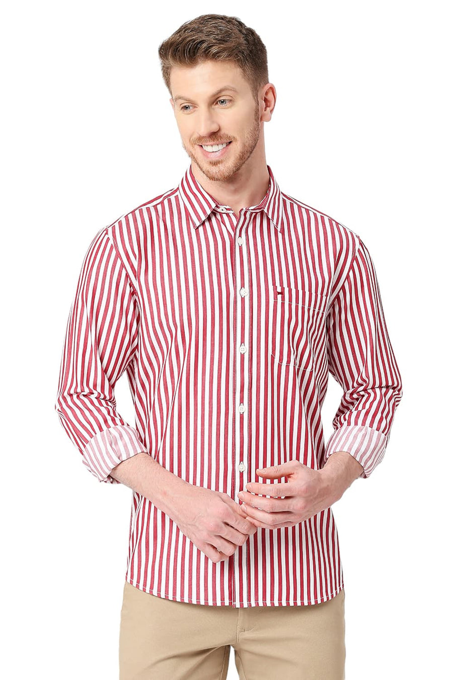 BASICS SLIM FIT MARS RED COTTON TWILL STRIPES SHIRT