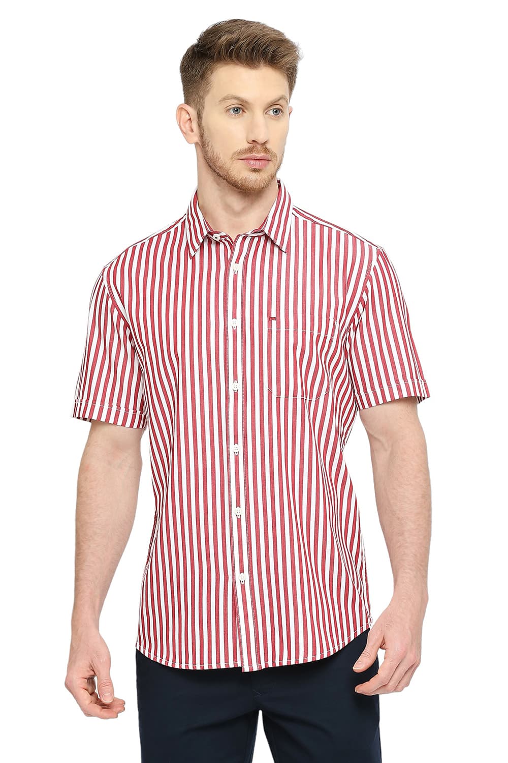 BASICS SLIM FIT COTTON TWILL STRIPES HALFSLEEVES SHIRT