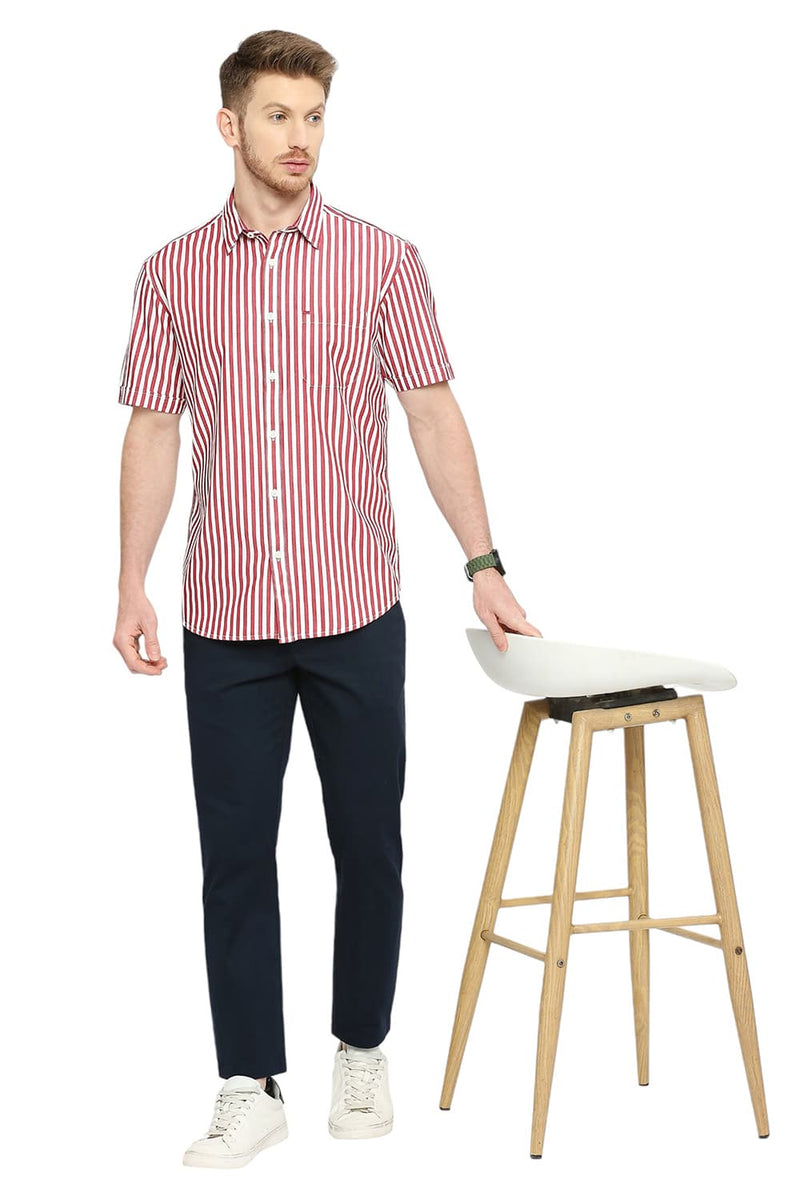 BASICS SLIM FIT COTTON TWILL STRIPES HALFSLEEVES SHIRT