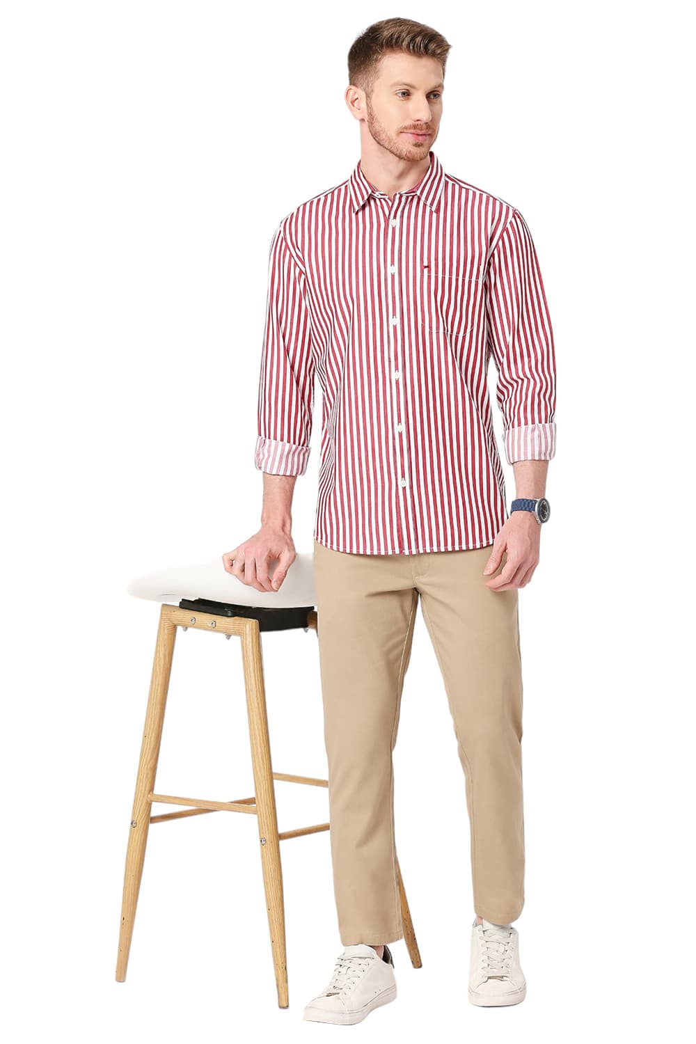 BASICS SLIM FIT COTTON TWILL STRIPES SHIRT