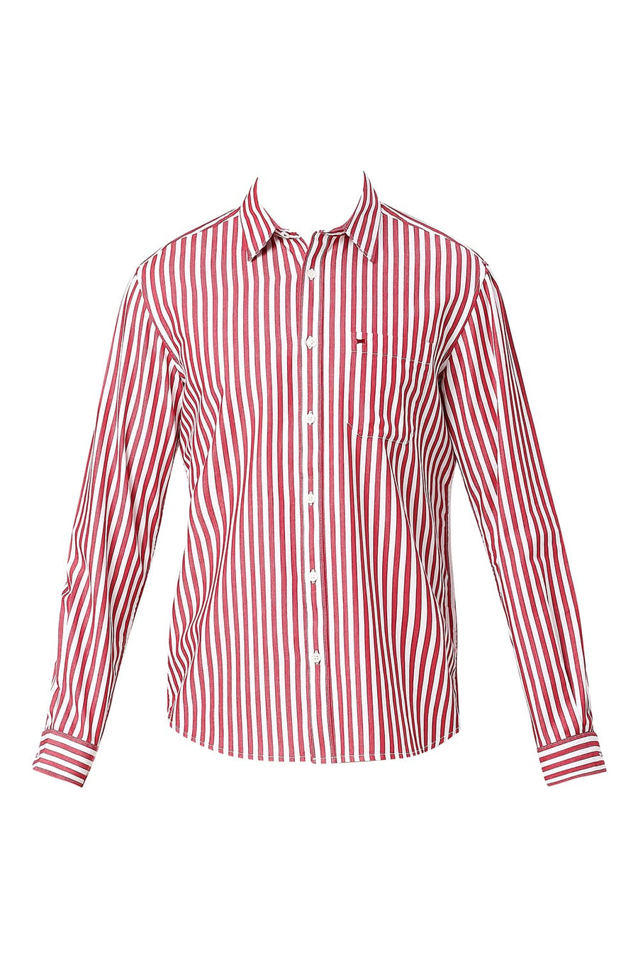 BASICS SLIM FIT MARS RED COTTON TWILL STRIPES SHIRT