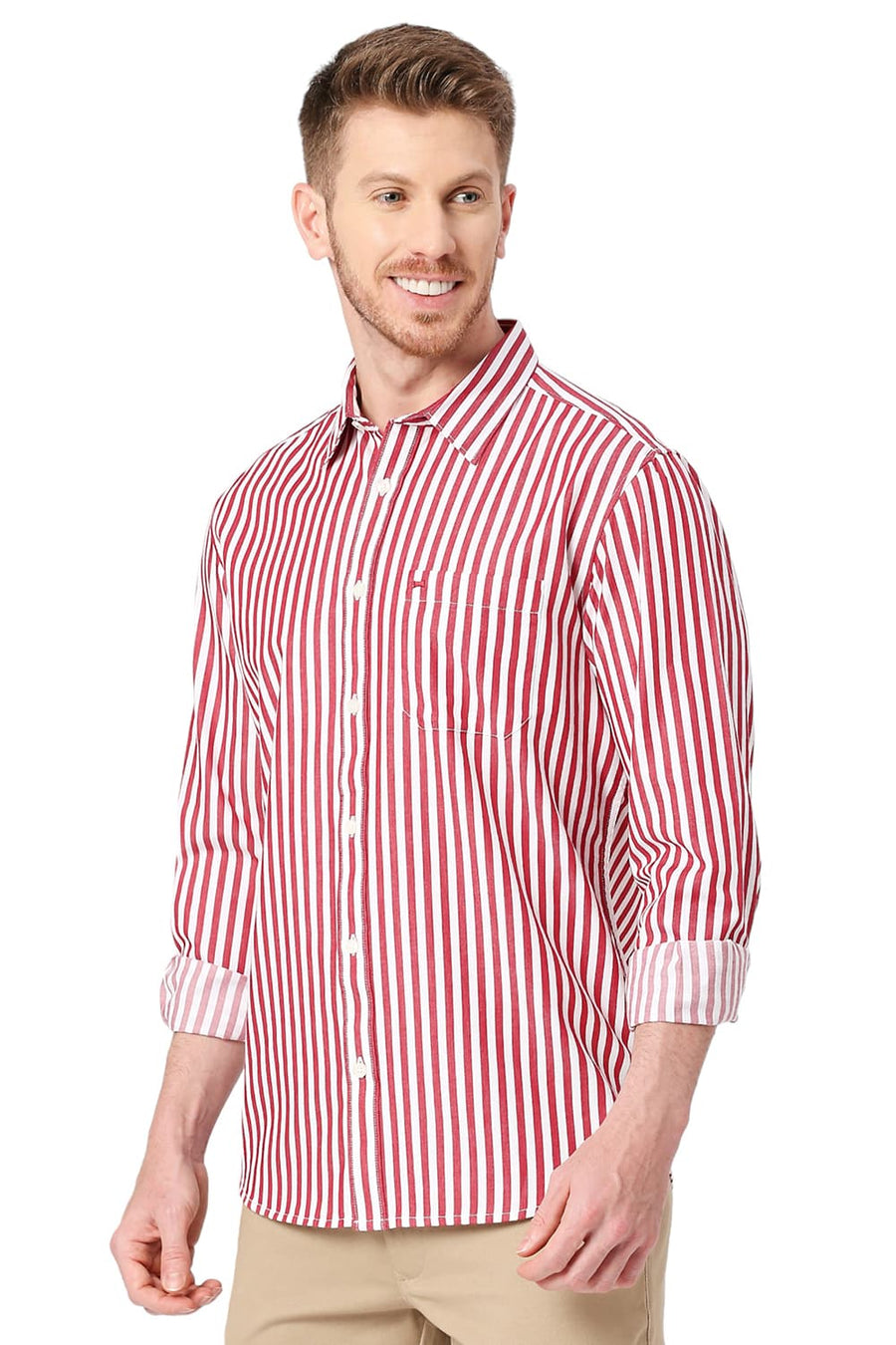 BASICS SLIM FIT MARS RED COTTON TWILL STRIPES SHIRT