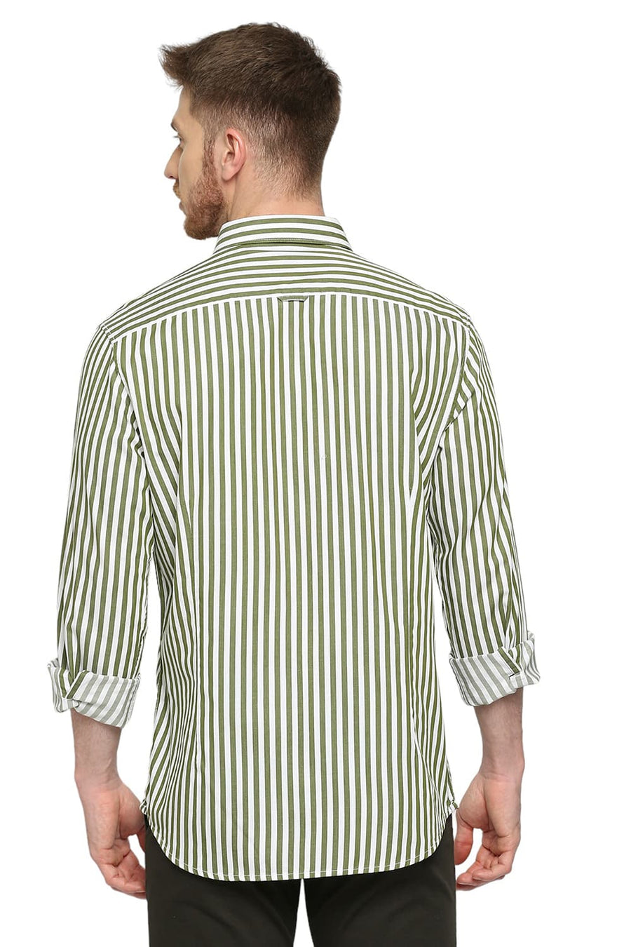 BASICS SLIM FIT WATERCRESS COTTON TWILL STRIPES SHIRT