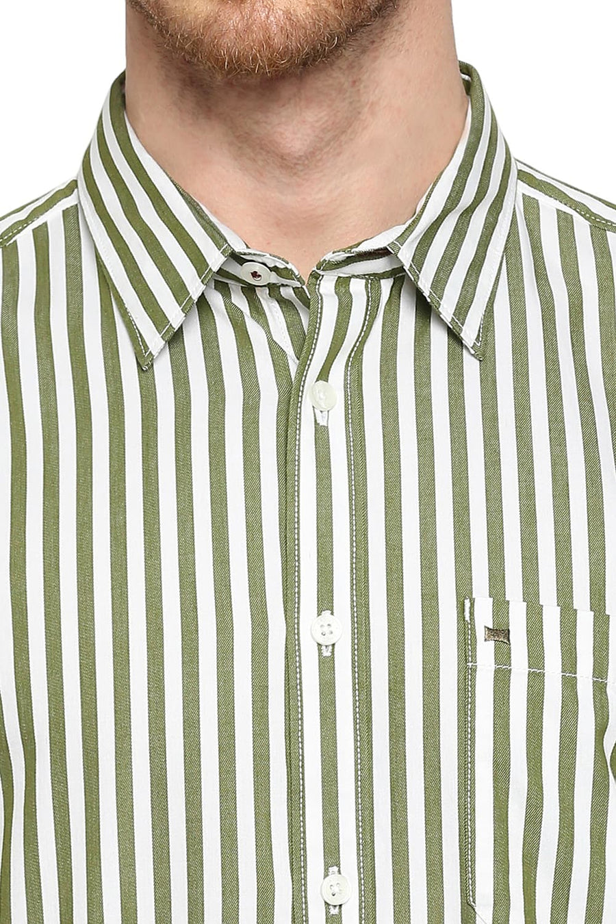 BASICS SLIM FIT WATERCRESS COTTON TWILL STRIPES SHIRT