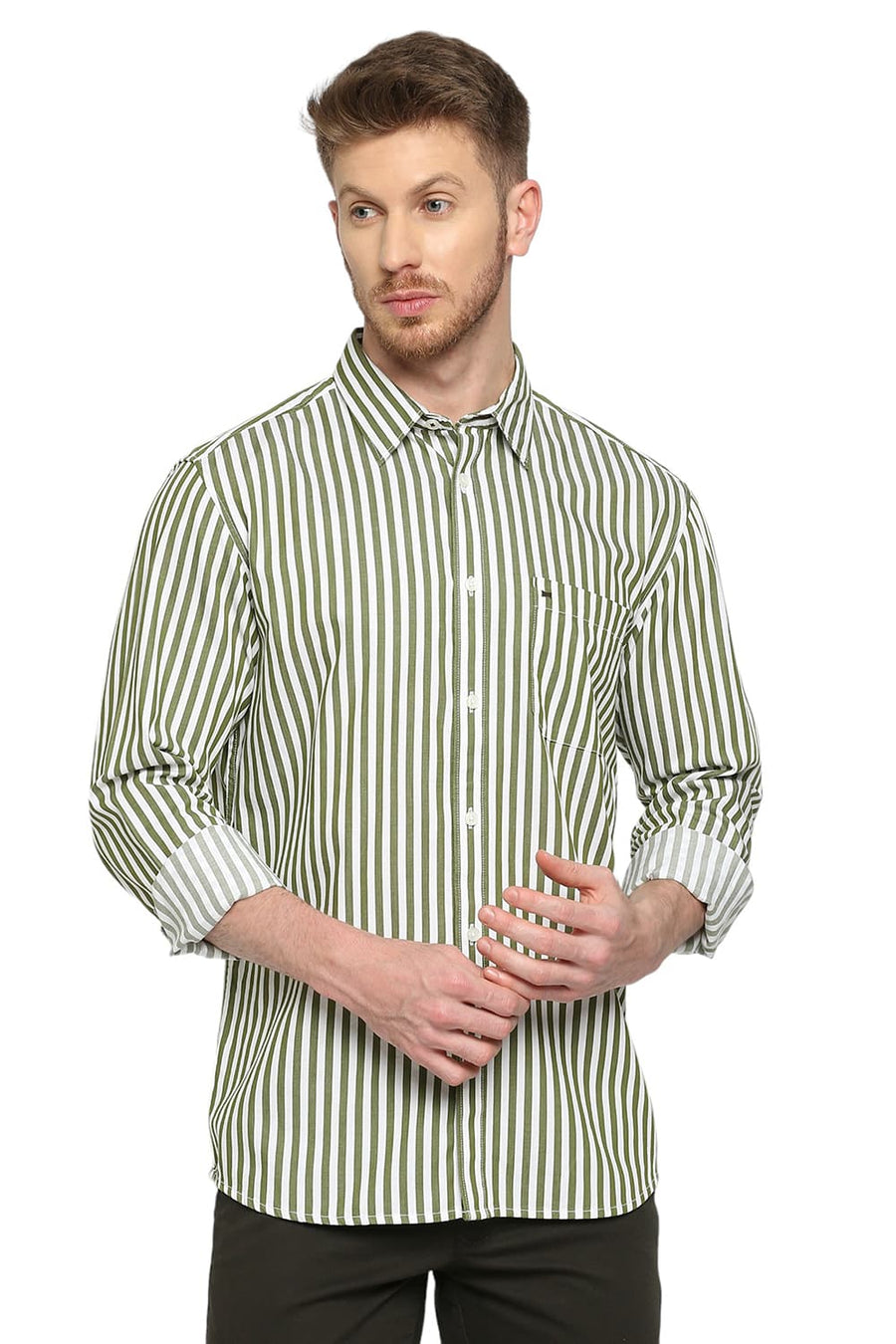 BASICS SLIM FIT WATERCRESS COTTON TWILL STRIPES SHIRT