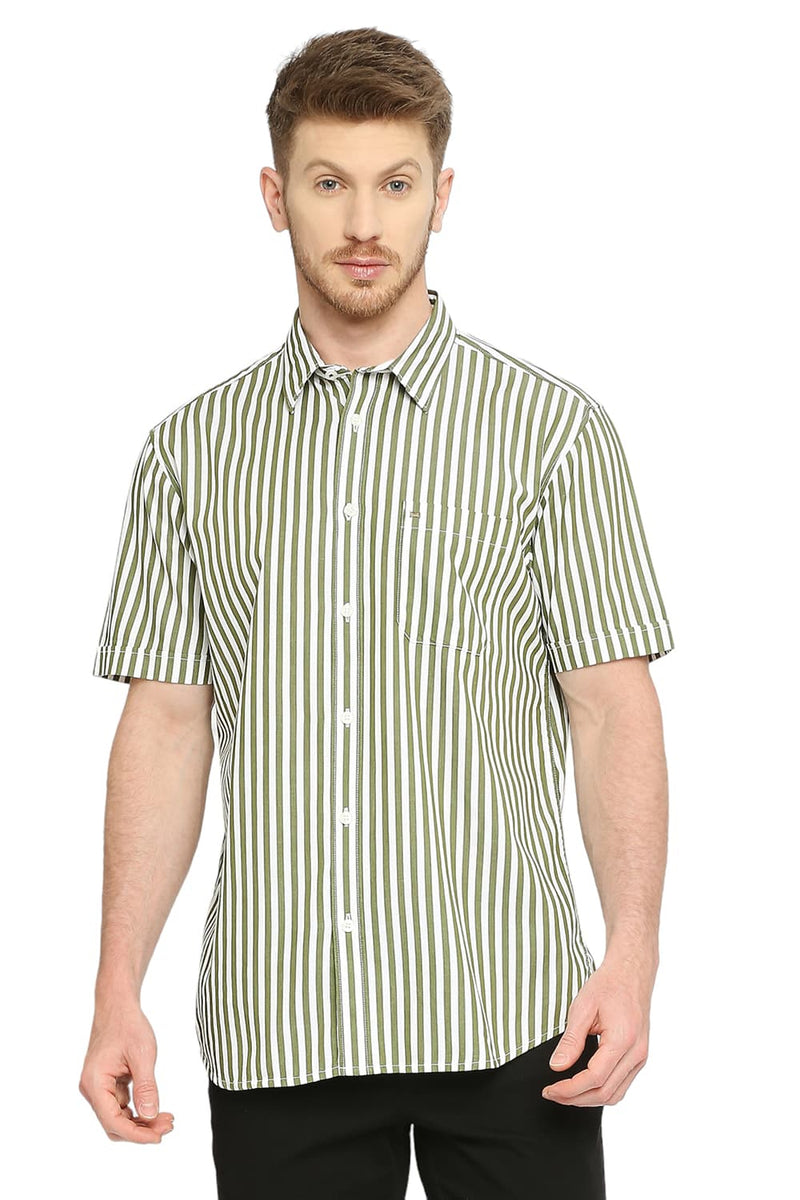 BASICS SLIM FIT COTTON TWILL STRIPES HALFSLEEVES SHIRT