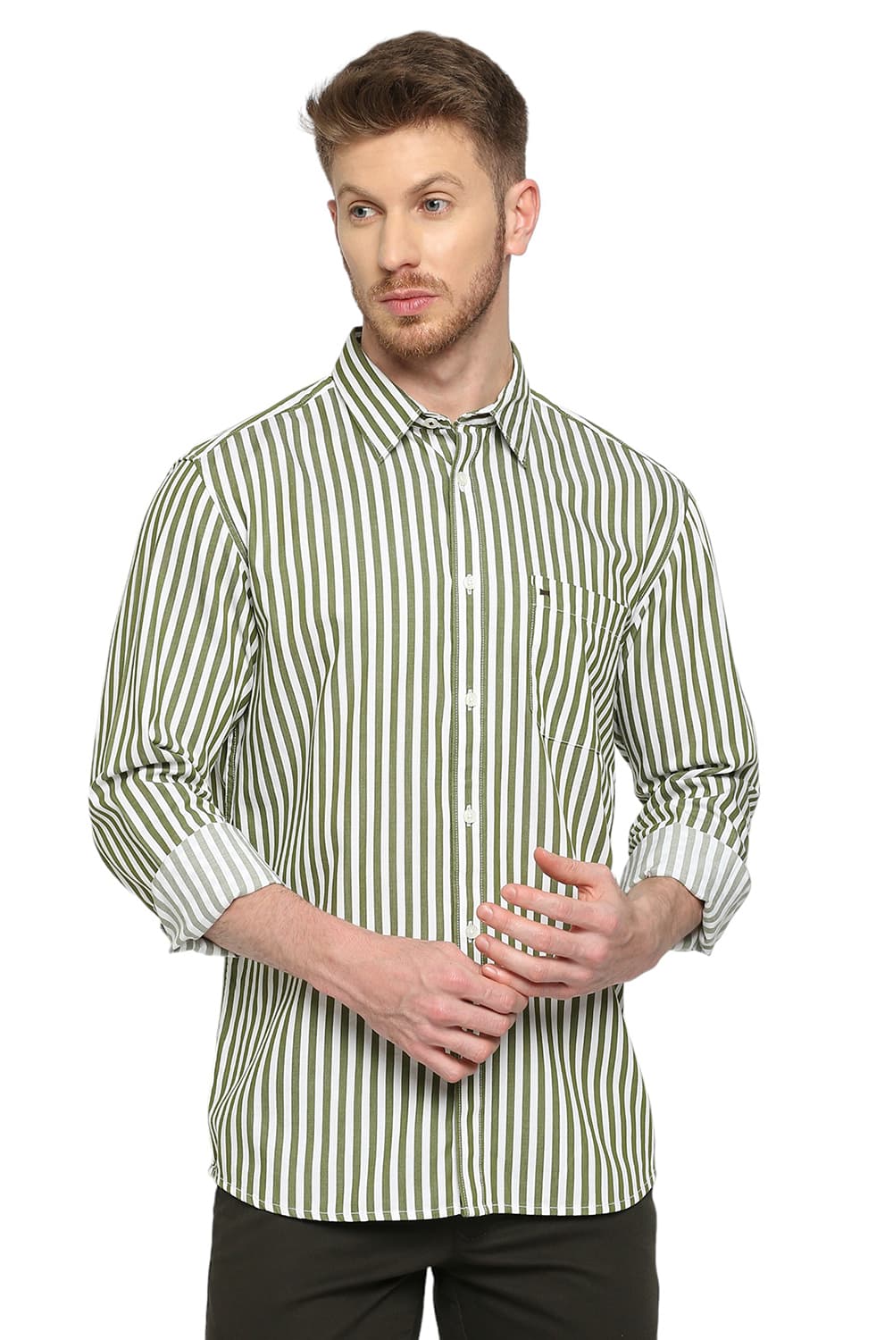 BASICS SLIM FIT COTTON TWILL STRIPES SHIRT