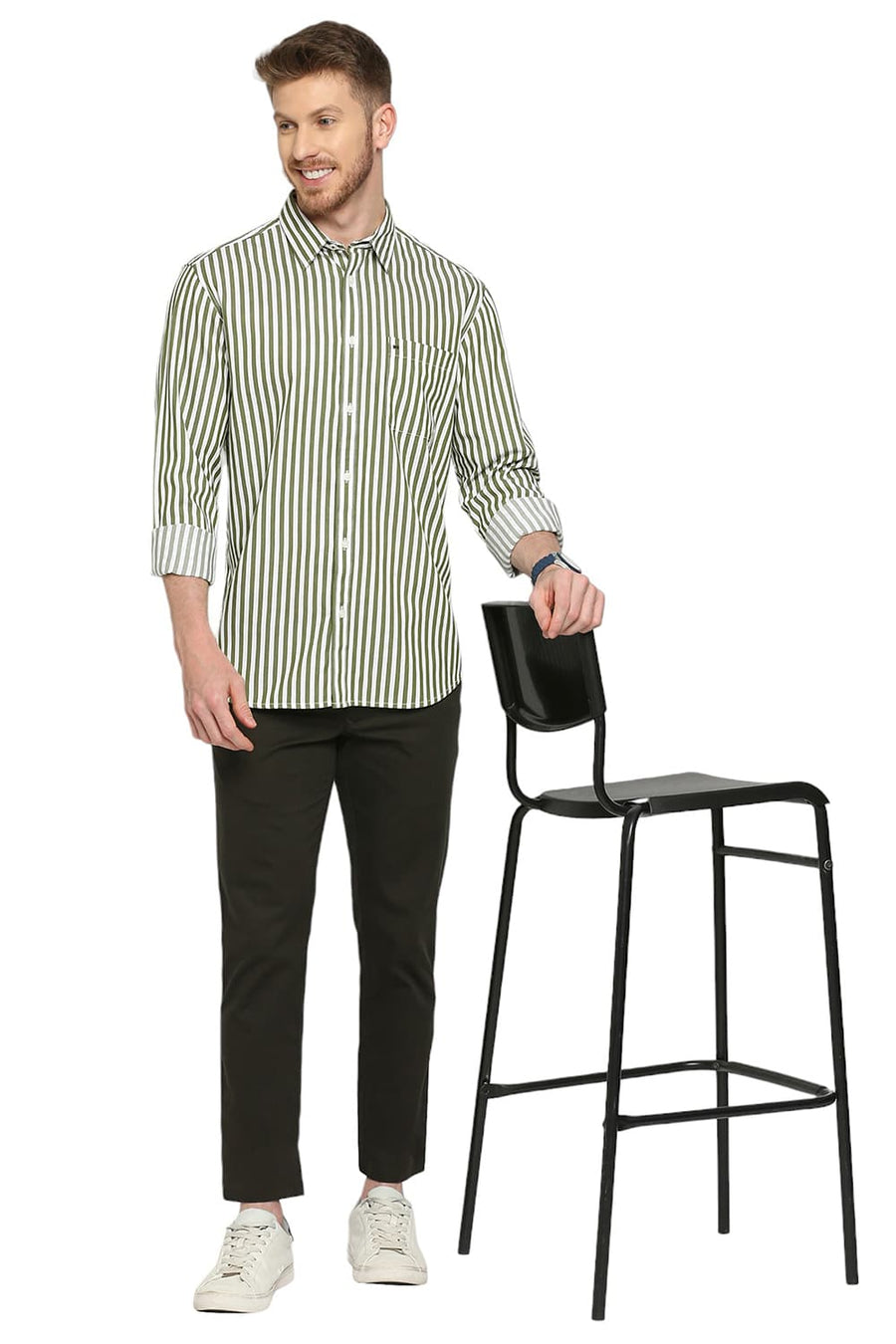 BASICS SLIM FIT WATERCRESS COTTON TWILL STRIPES SHIRT