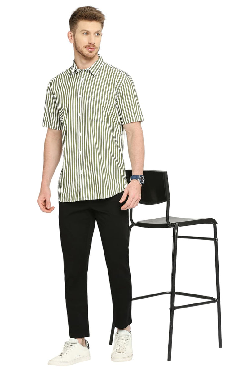 BASICS SLIM FIT COTTON TWILL STRIPES HALFSLEEVES SHIRT