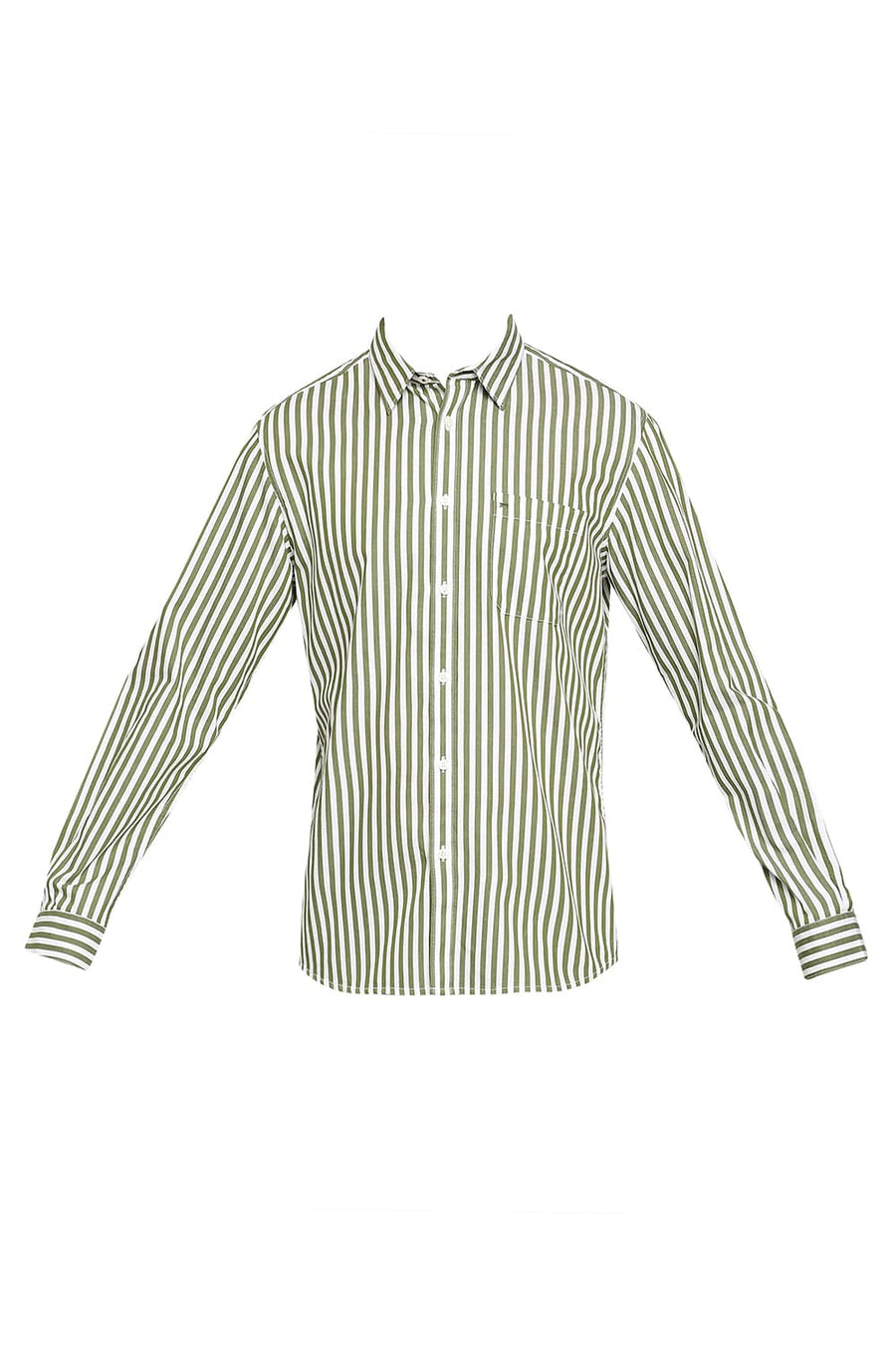 BASICS SLIM FIT WATERCRESS COTTON TWILL STRIPES SHIRT