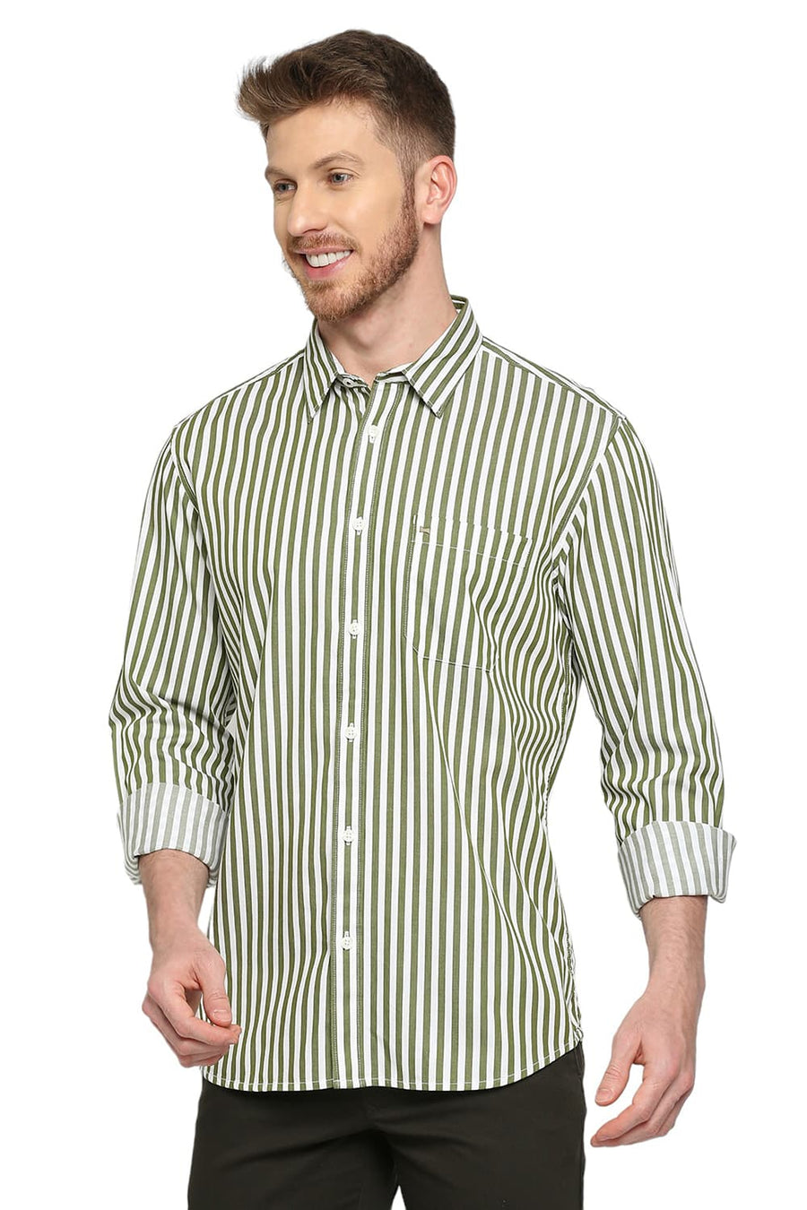 BASICS SLIM FIT WATERCRESS COTTON TWILL STRIPES SHIRT
