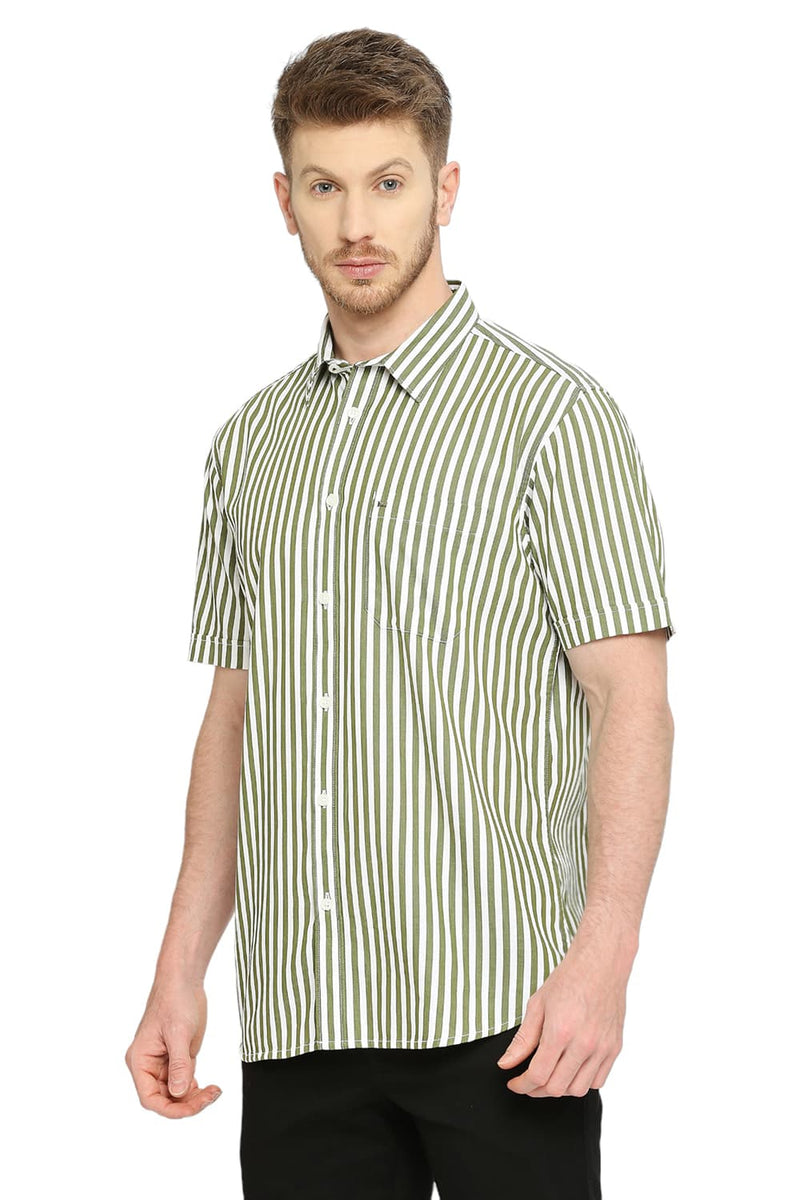 BASICS SLIM FIT COTTON TWILL STRIPES HALFSLEEVES SHIRT