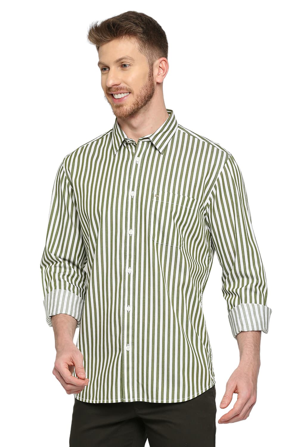 BASICS SLIM FIT COTTON TWILL STRIPES SHIRT