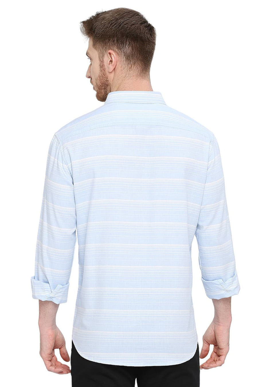BASICS SLIM FIT PORCELAIN BLUE COTTON TENCEL WEFT HERRINGBONE STRIPE SHIRT
