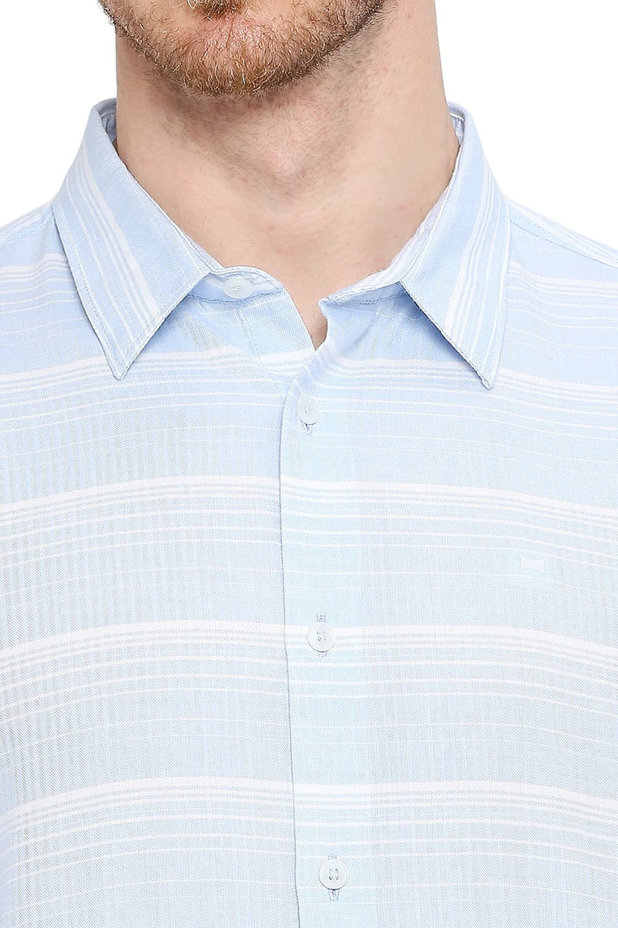 BASICS SLIM FIT PORCELAIN BLUE COTTON TENCEL WEFT HERRINGBONE STRIPE SHIRT