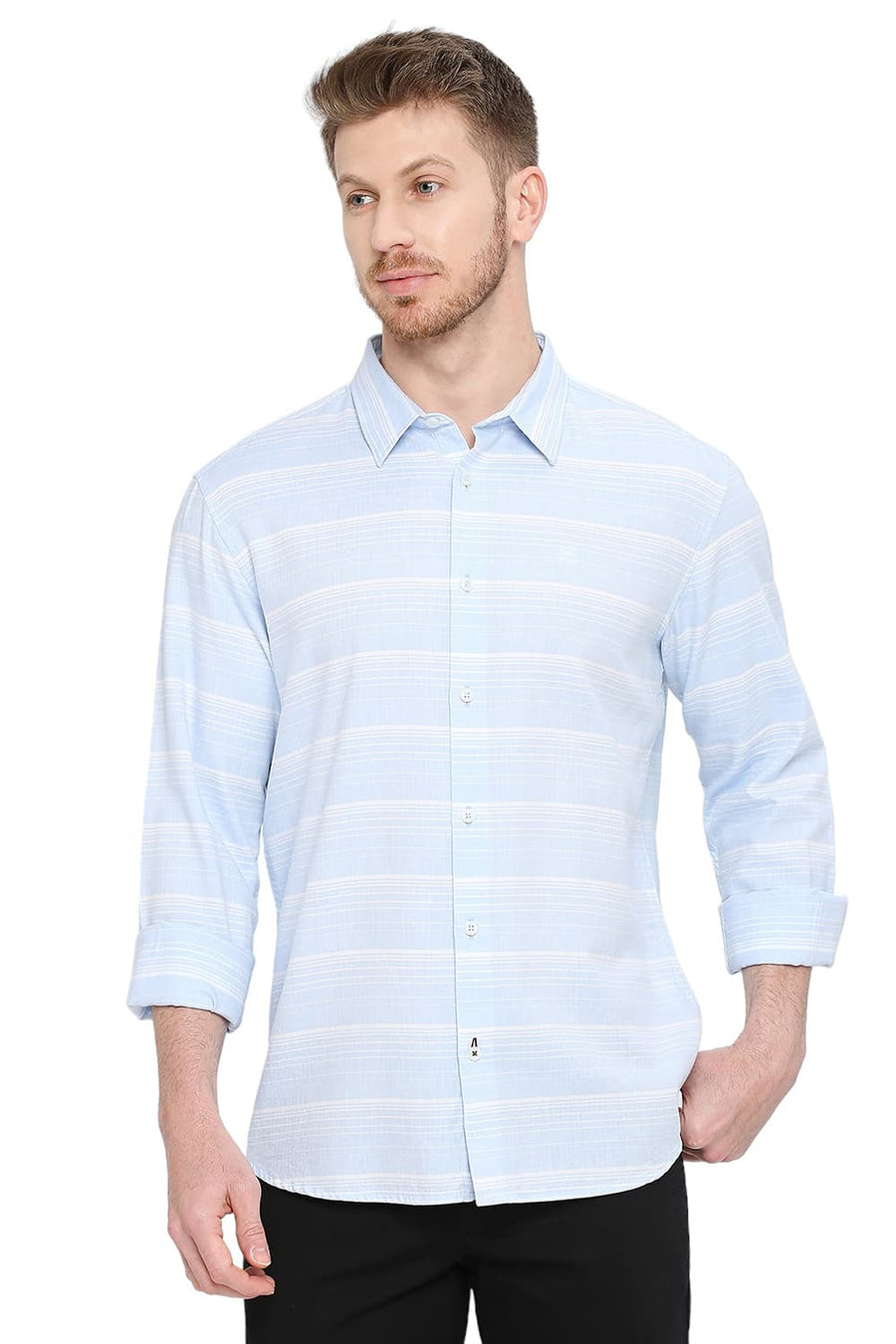 BASICS SLIM FIT PORCELAIN BLUE COTTON TENCEL WEFT HERRINGBONE STRIPE SHIRT
