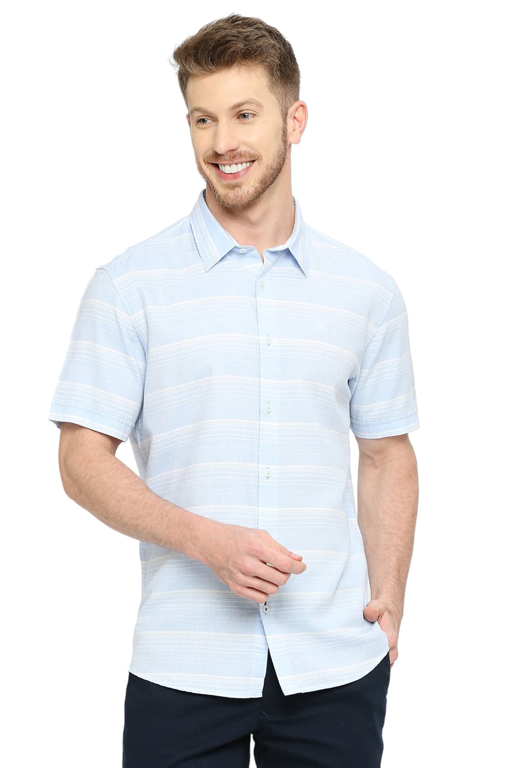 BASICS SLIM FIT COTTON TENCEL WEFT HERRINGBONE STRIPE SHIRT