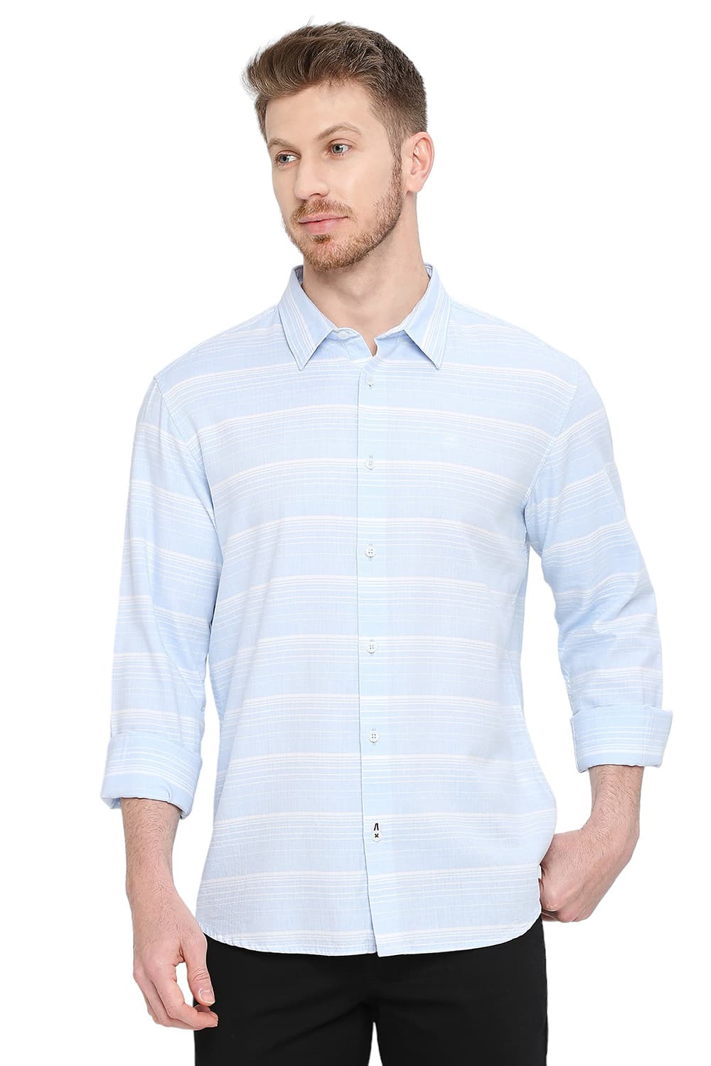 BASICS SLIM FIT COTTON TENCEL WEFT HERRINGBONE STRIPE SHIRT