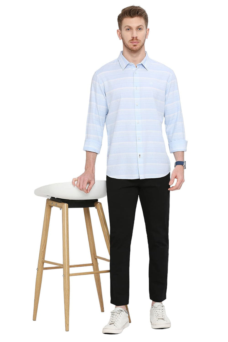 BASICS SLIM FIT PORCELAIN BLUE COTTON TENCEL WEFT HERRINGBONE STRIPE SHIRT