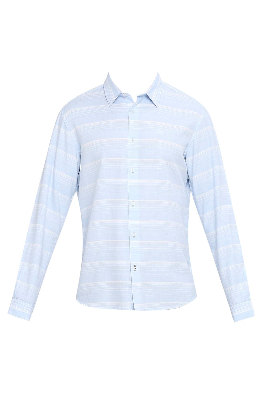 BASICS SLIM FIT PORCELAIN BLUE COTTON TENCEL WEFT HERRINGBONE STRIPE SHIRT