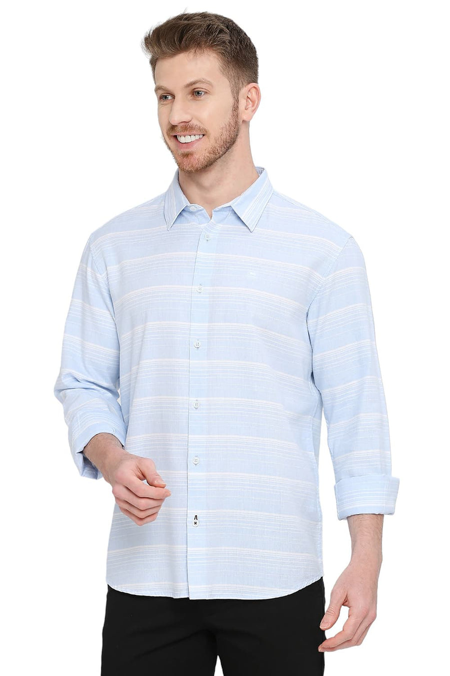 BASICS SLIM FIT PORCELAIN BLUE COTTON TENCEL WEFT HERRINGBONE STRIPE SHIRT