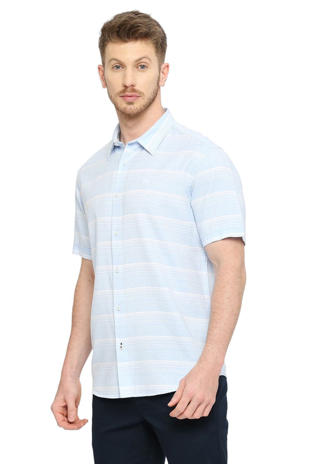 BASICS SLIM FIT COTTON TENCEL WEFT HERRINGBONE STRIPE HALFSLEEVES SHIRT