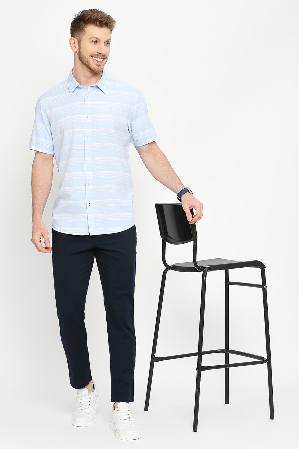 Slim Fit Cotton Tencel Weft Herringbone Stripe Halfsleeves Shirt