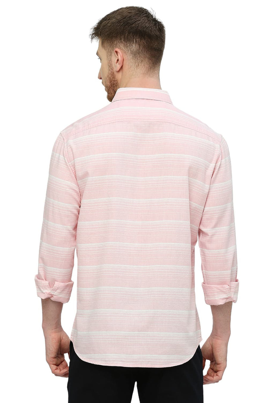 BASICS SLIM FIT QUARTZ PINK COTTON TENCEL WEFT HERRINGBONE STRIPE SHIRT