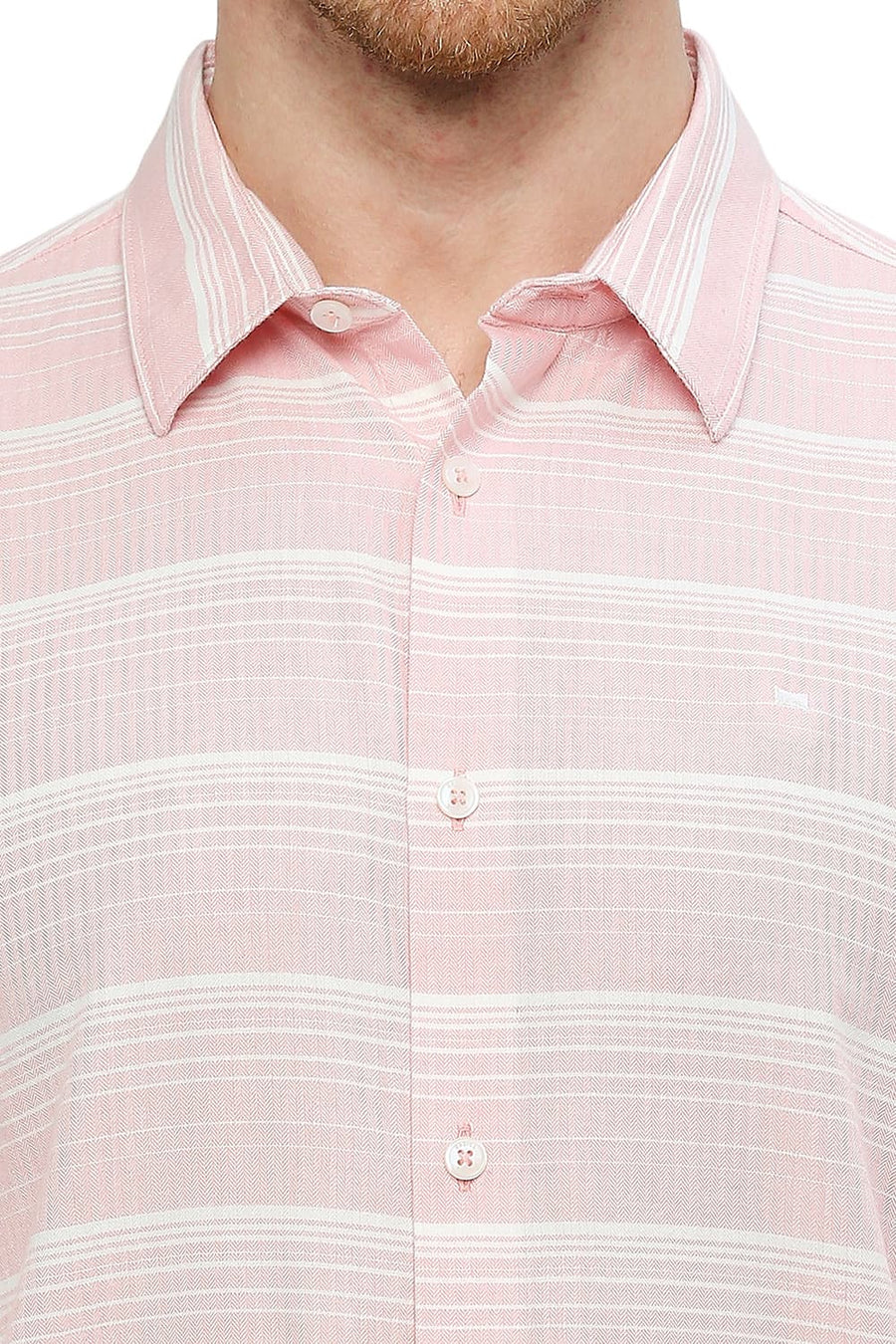 BASICS SLIM FIT QUARTZ PINK COTTON TENCEL WEFT HERRINGBONE STRIPE SHIRT