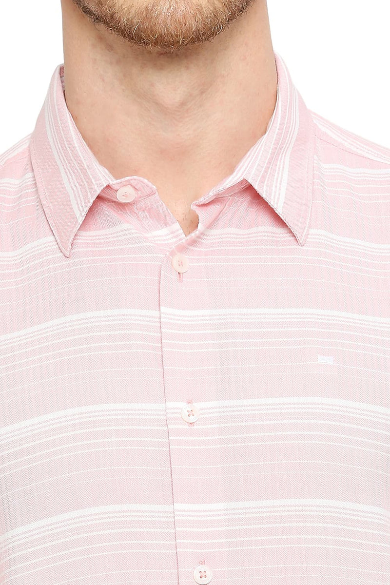 BASICS SLIM FIT COTTON TENCEL WEFT HERRINGBONE STRIPE HALFSLEEVES SHIRT