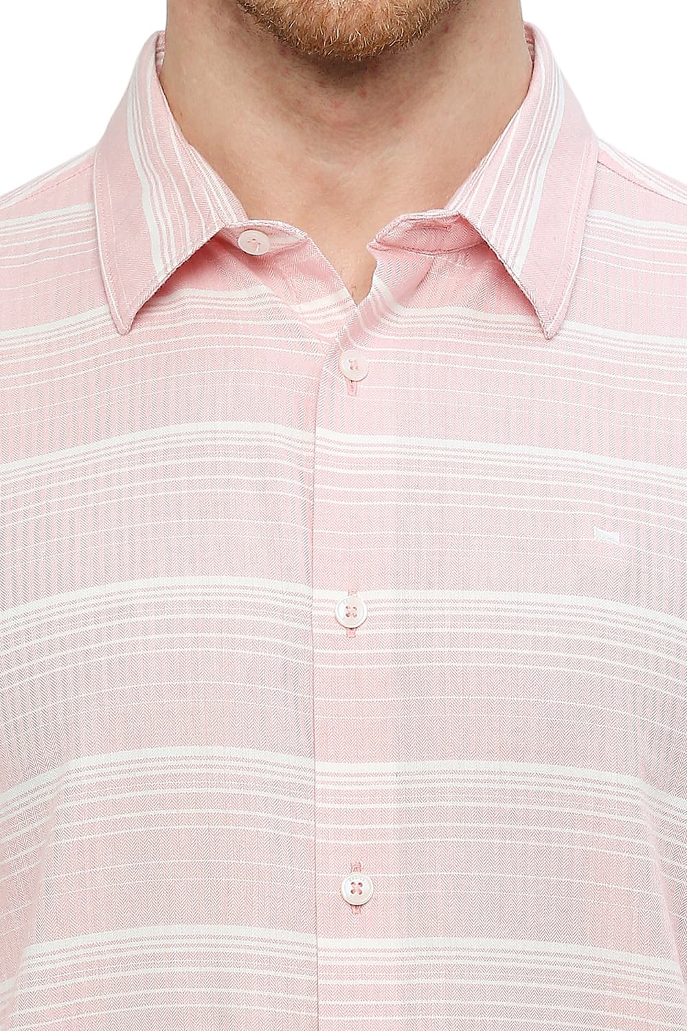 BASICS SLIM FIT COTTON TENCEL WEFT HERRINGBONE STRIPE SHIRT