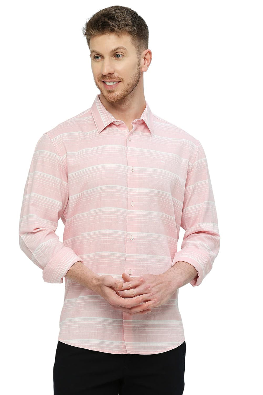 BASICS SLIM FIT QUARTZ PINK COTTON TENCEL WEFT HERRINGBONE STRIPE SHIRT