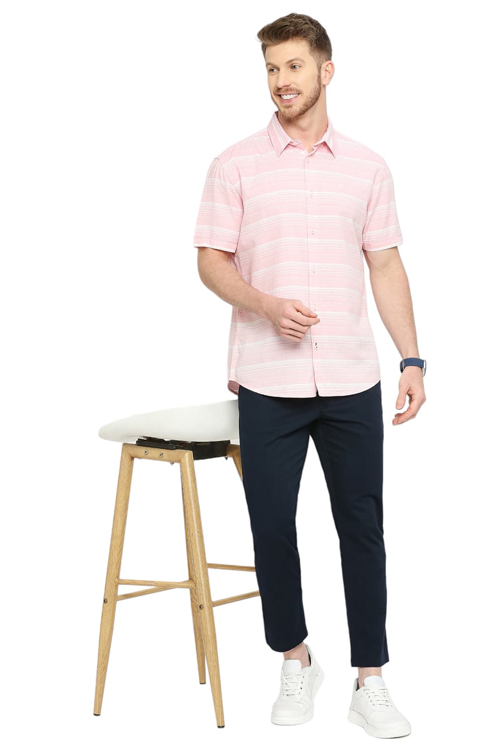 BASICS SLIM FIT COTTON TENCEL WEFT HERRINGBONE STRIPE HALFSLEEVES SHIRT