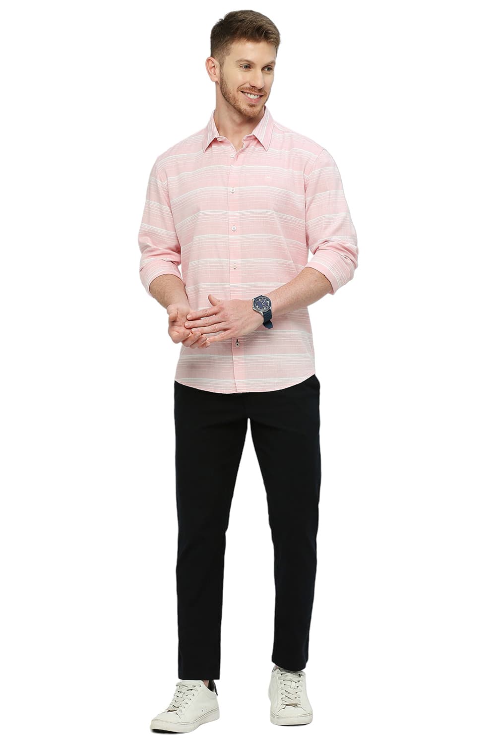 BASICS SLIM FIT COTTON TENCEL WEFT HERRINGBONE STRIPE SHIRT