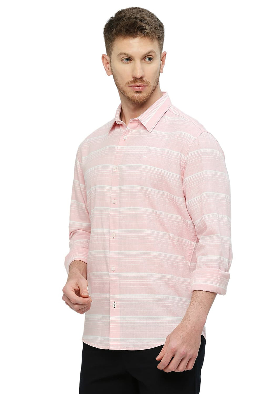 BASICS SLIM FIT QUARTZ PINK COTTON TENCEL WEFT HERRINGBONE STRIPE SHIRT