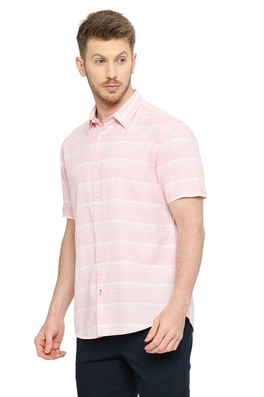 BASICS SLIM FIT COTTON TENCEL WEFT HERRINGBONE STRIPE HALFSLEEVES SHIRT