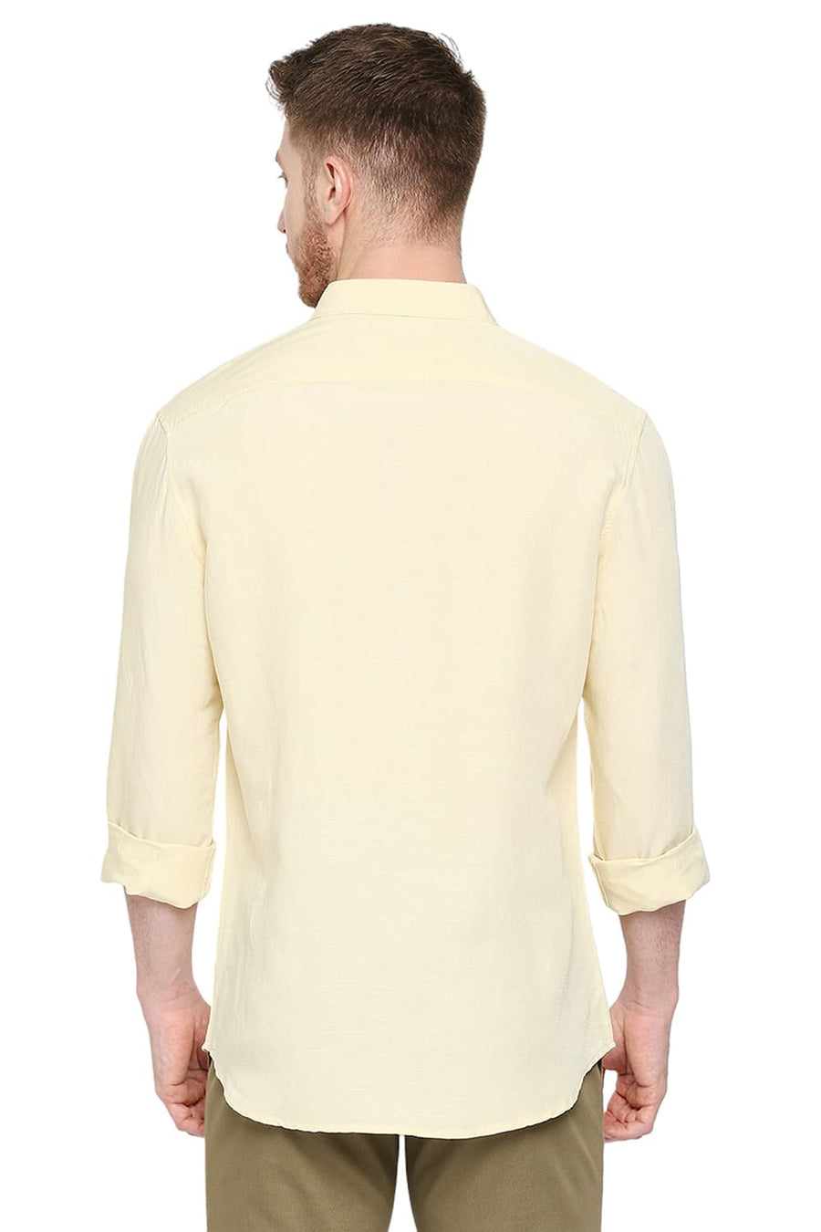 BASICS SLIM FIT RAFFIA YELLOW VISCOSE LINEN SHIRT