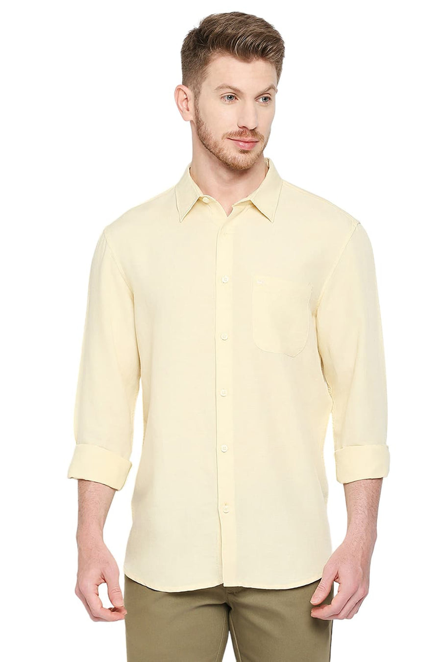 BASICS SLIM FIT RAFFIA YELLOW VISCOSE LINEN SHIRT