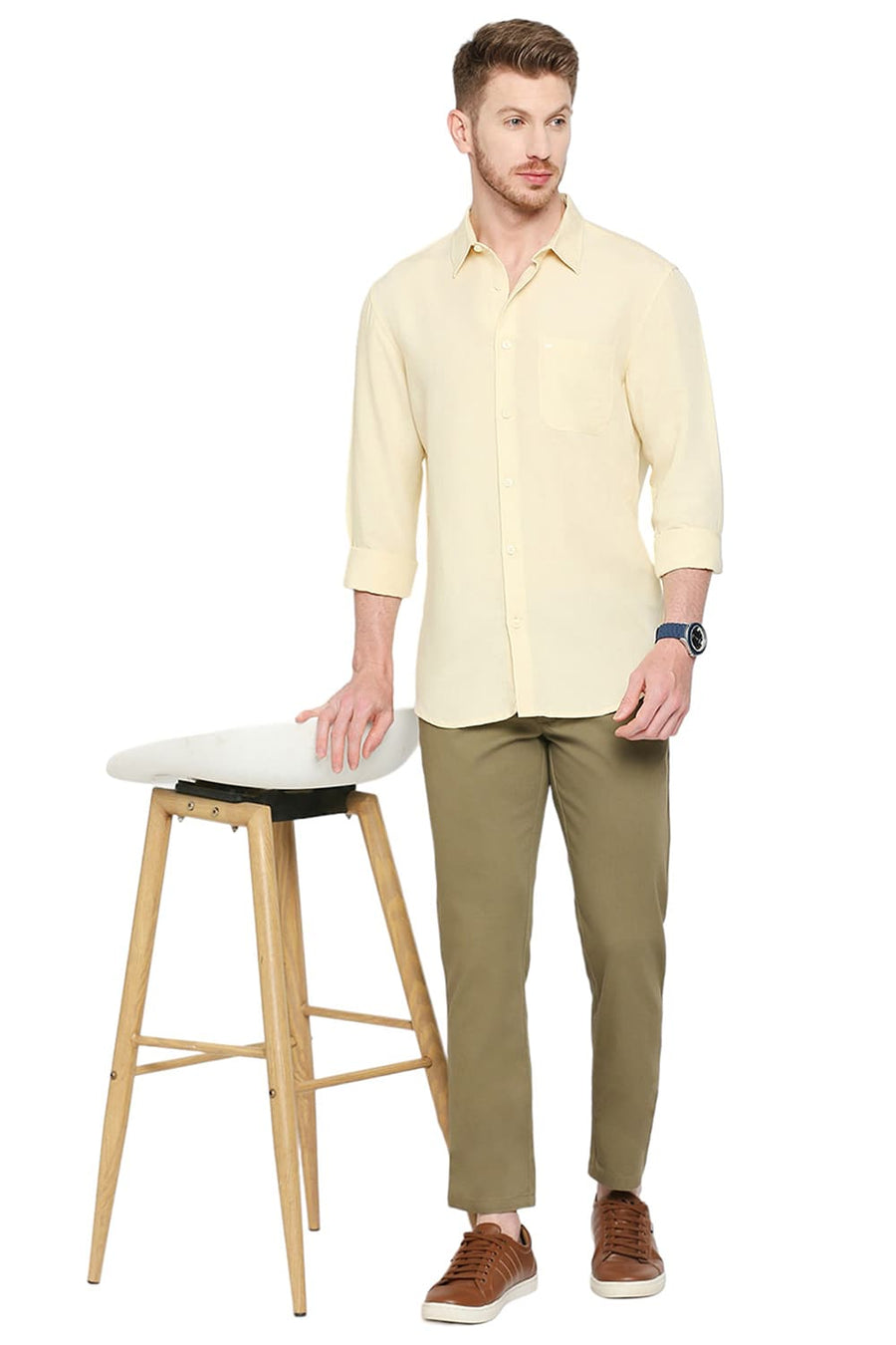 BASICS SLIM FIT RAFFIA YELLOW VISCOSE LINEN SHIRT