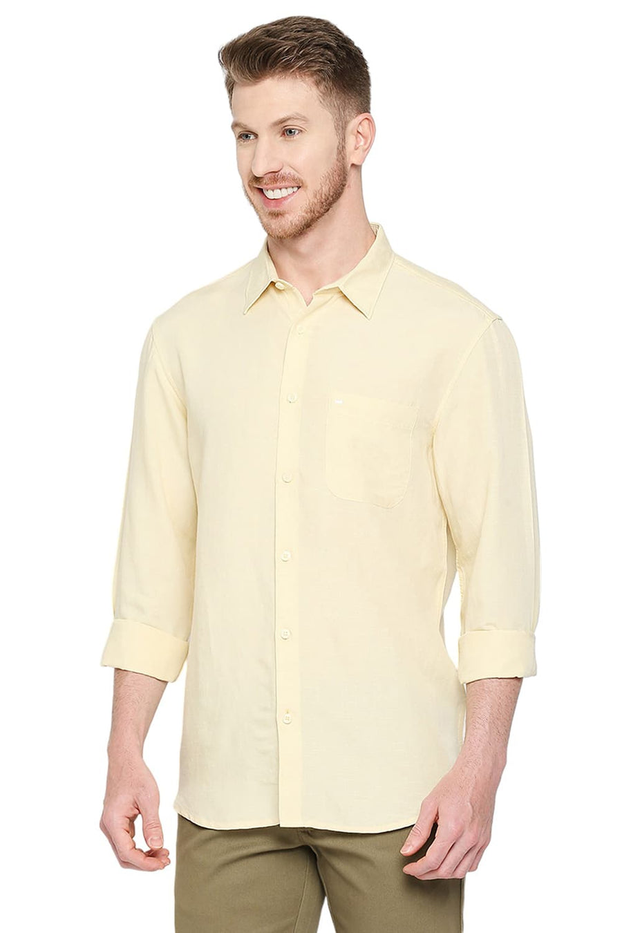 BASICS SLIM FIT RAFFIA YELLOW VISCOSE LINEN SHIRT