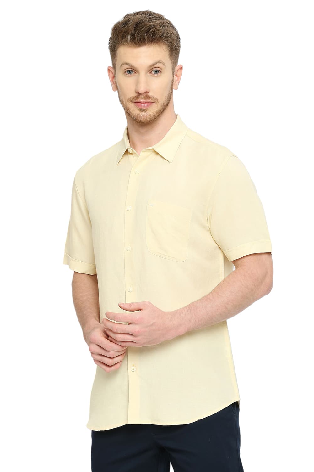 BASICS SLIM FIT VISCOSE LINEN HALFSLEEVES SHIRT