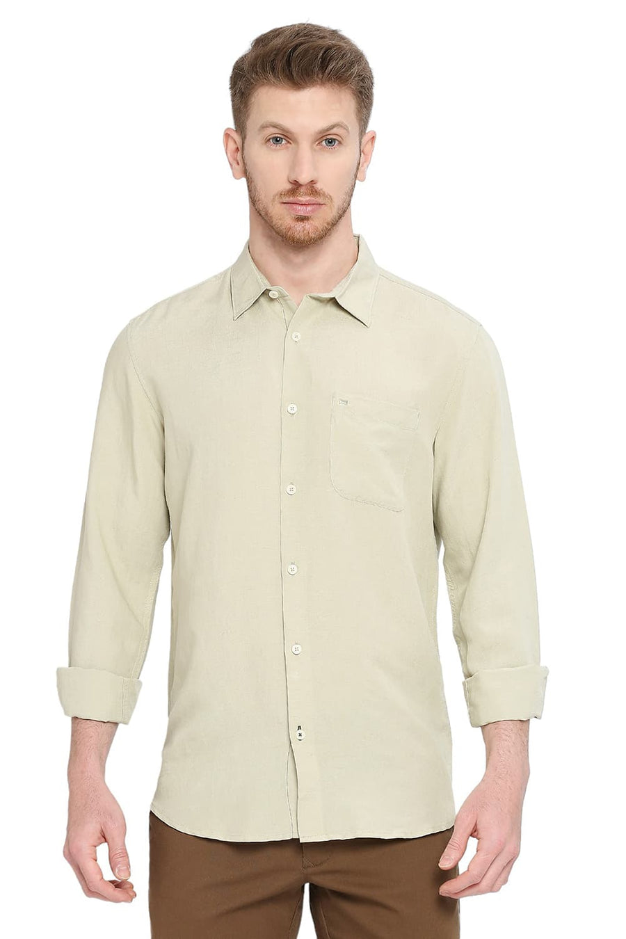 BASICS SLIM FIT MING GREEN VISCOSE LINEN SHIRT