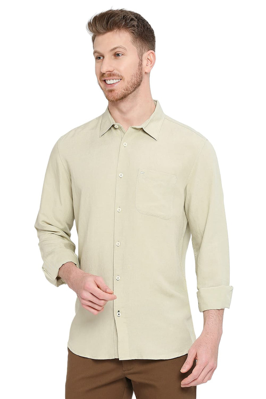 BASICS SLIM FIT MING GREEN VISCOSE LINEN SHIRT