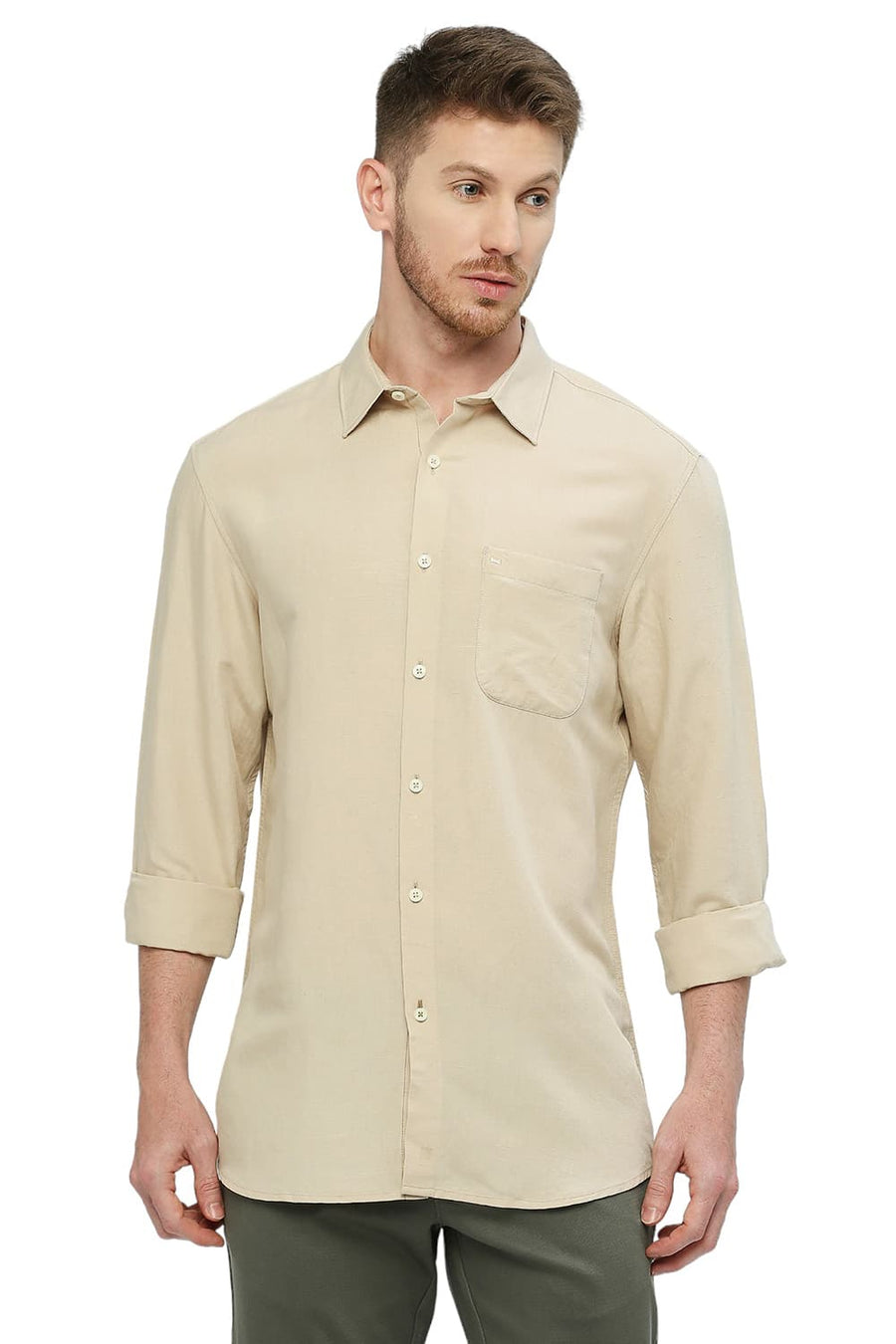 BASICS SLIM FIT SAFARI BEIGE VISCOSE LINEN SHIRT