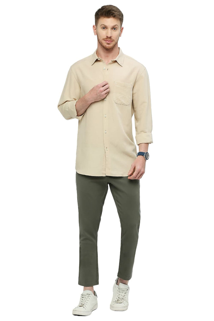 BASICS SLIM FIT SAFARI BEIGE VISCOSE LINEN SHIRT